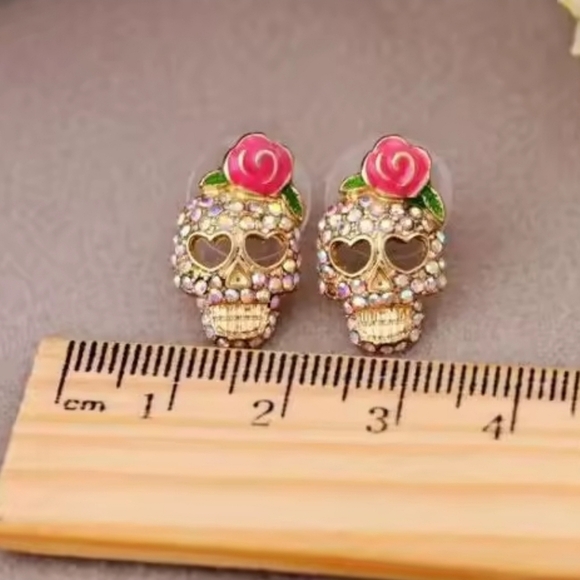 Gold and Pink Skull Earrings - Picture 4 of 7